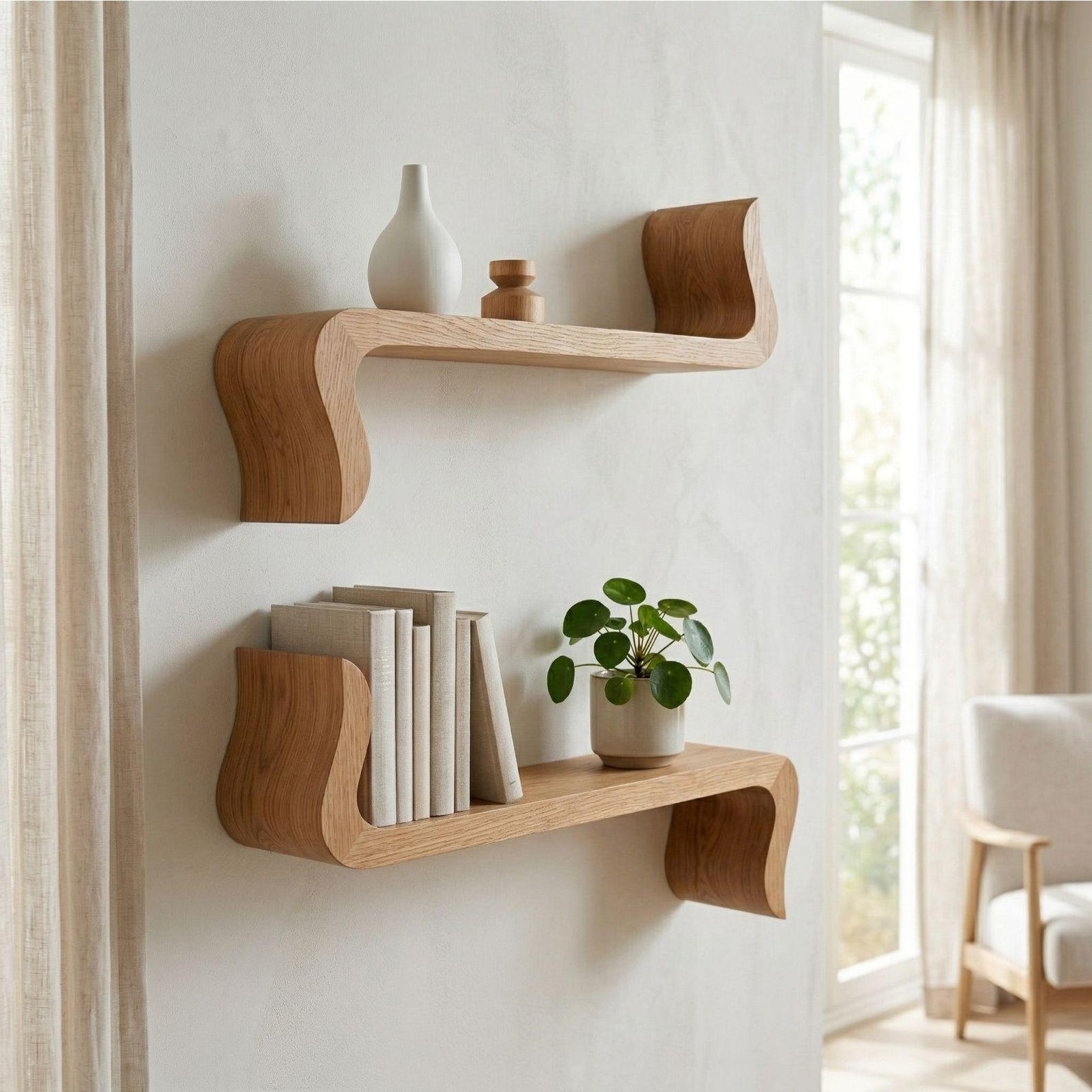 Curved Wood Wall-Mounted Floating Shelf with Sculptural Ends image 1