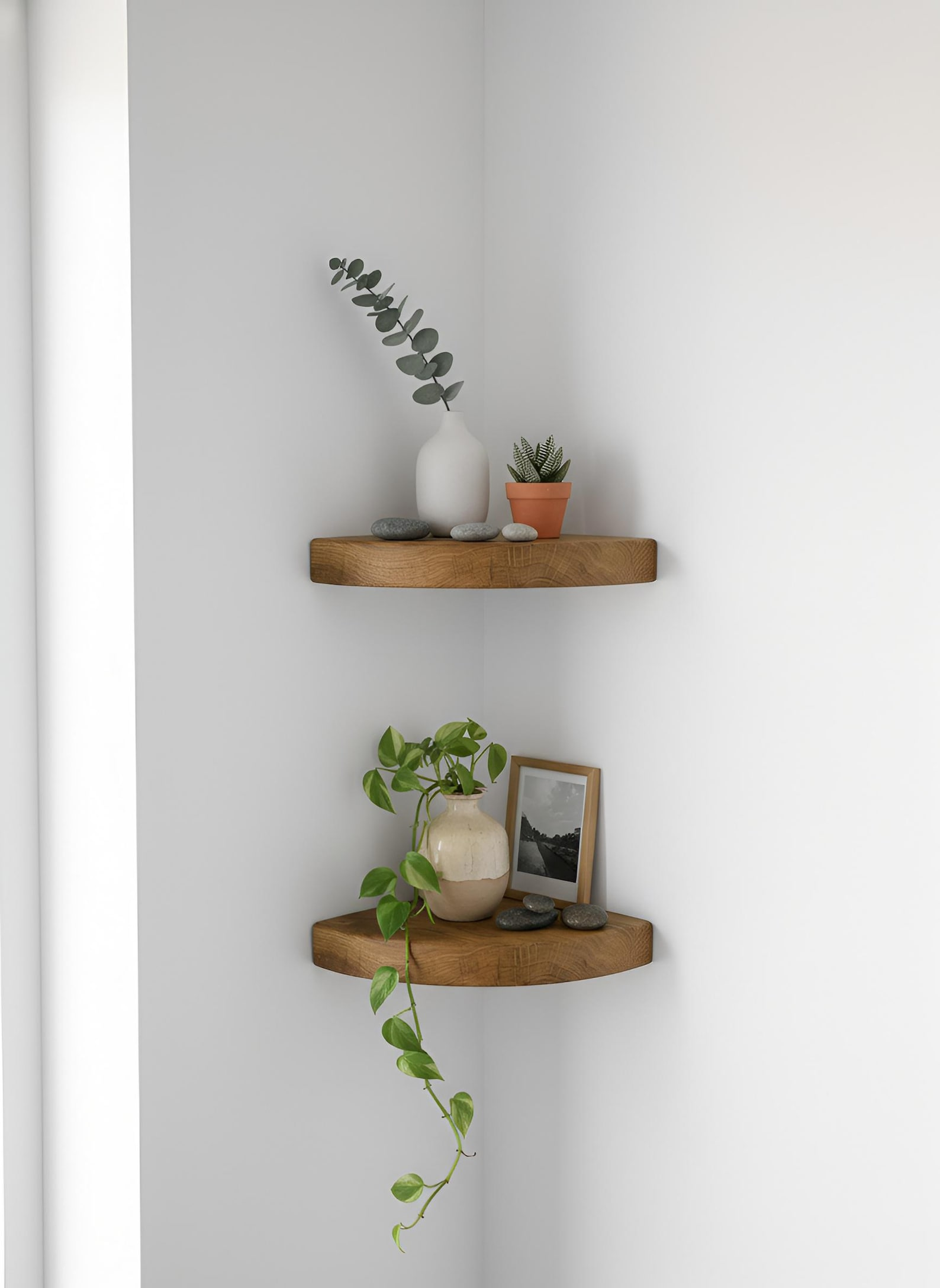 Floating Corner Shelf, Solid Wood, Quarter-Round, Wall-Mounted image 1