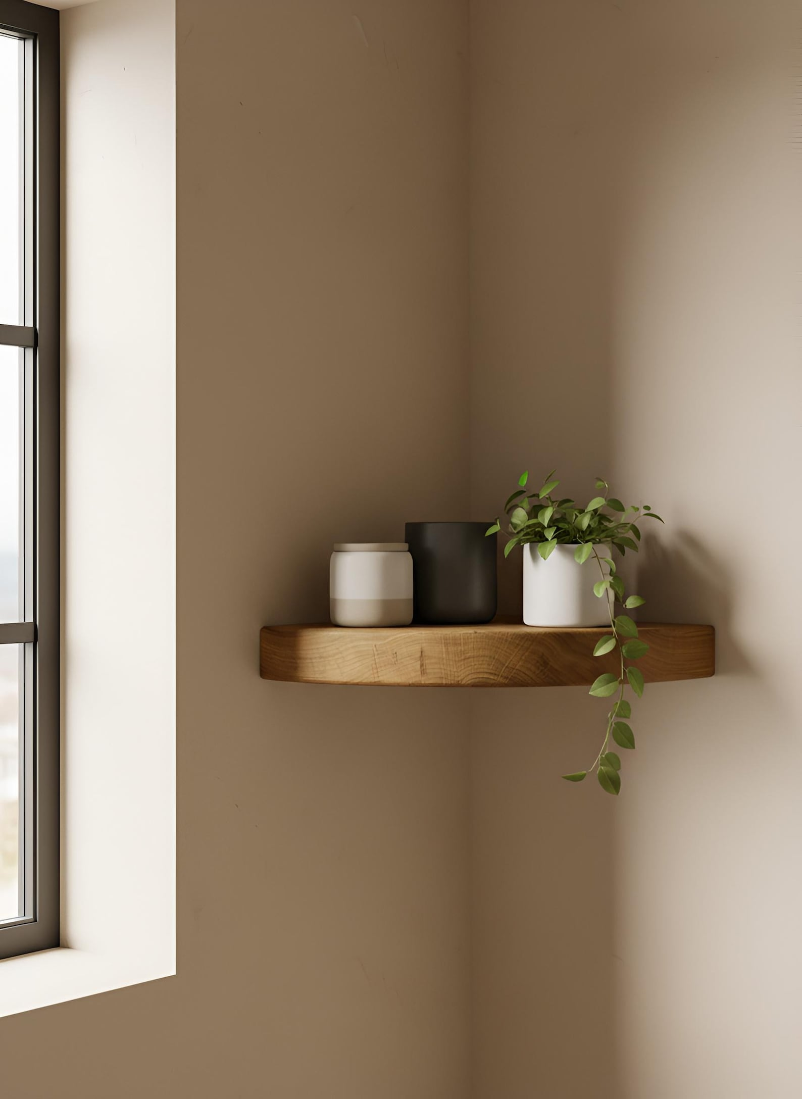 Floating Corner Shelf, Solid Wood, Quarter-Round, Wall-Mounted image 2