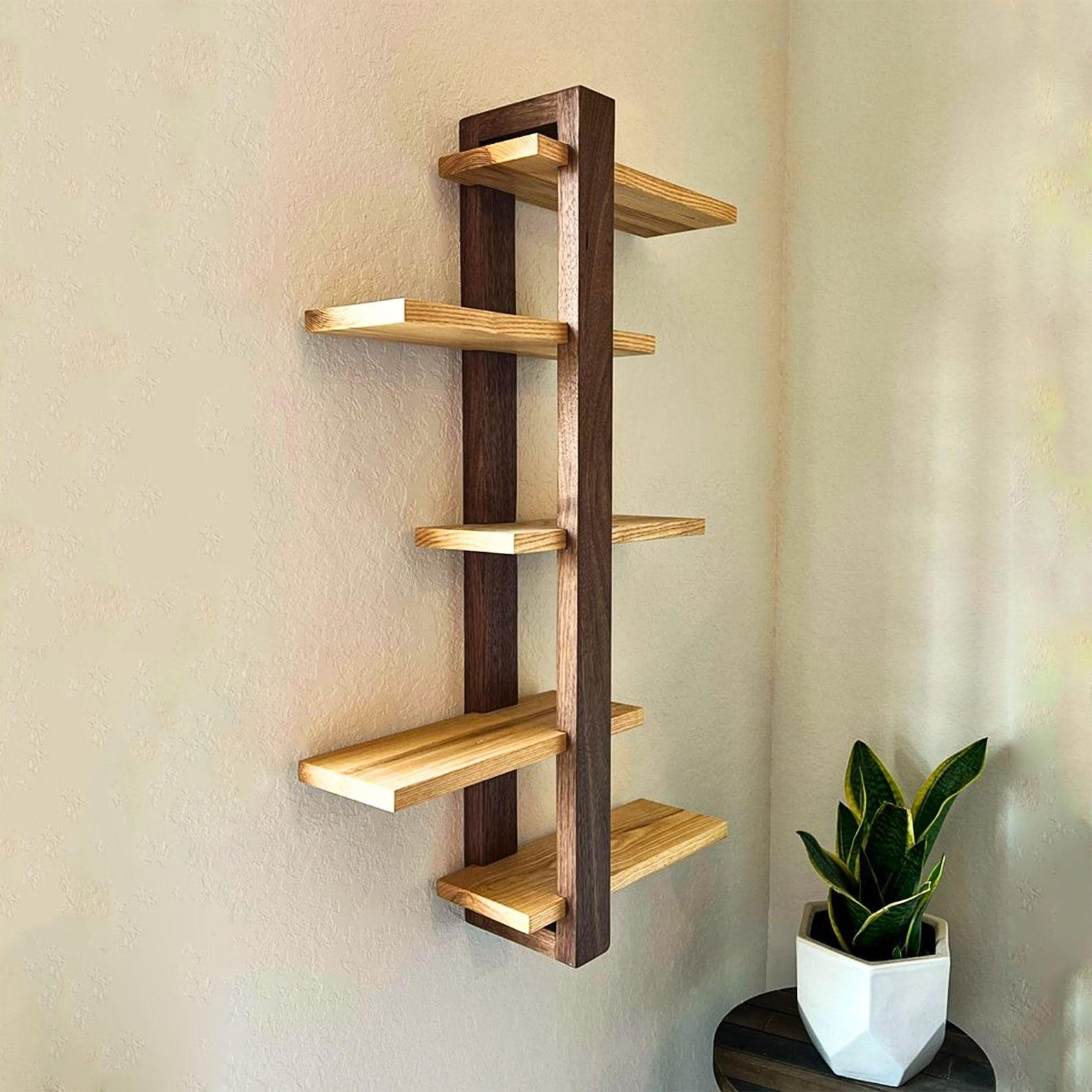 Wall-Mounted Wood Ladder Shelf with 5 Tiers, Two-Tone Finish image 1